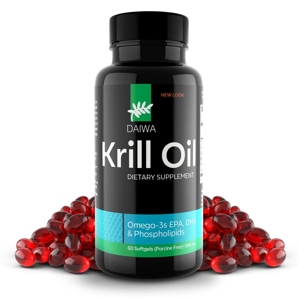 Daiwa Krill Oil 1000mg Softgels - EPA DHA Omega 3 Antarktis Krill Oil Supplement med Astaxanthin - Naturlig lösning för gemensamt, hjärnstöd och hjärthälsa - 60/ct