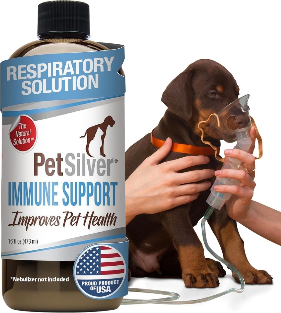 PetSilver Immune Support, Natural Nebulizer Solution, främjar andningshälsa i katter och hundar, allergier, Sinus & hostbehandling, lätt att använda, Patented Chelated Silver, tillverkad i USA, 16 fl oz