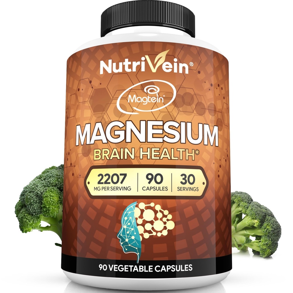 Nutrivein Premium Magtein Magnesium L-Threonate Supplement 2207 mg - 90 Caps (3 per dag): High-Absorption Magnesium Threonate för hjärna, sömn, humör och återhämtning