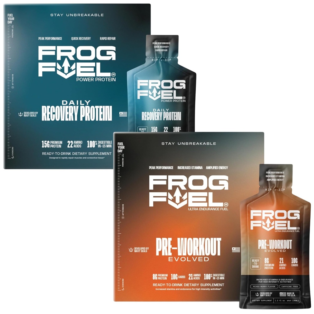 Frog Fuel Power Regular Protein & Ultra Pre Workout Shot Bundle, 1500mg Beta Alanine, 15g Protein Nano-Hydrolyzed Grass Fed Collagen, Pre & Post Workout, 1,2 oz Packets, 48 Pack