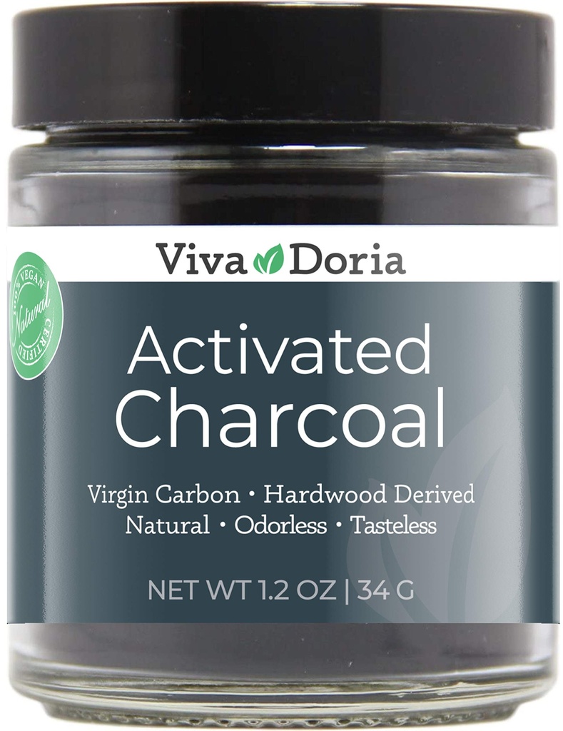 Viva Doria aktiverat kolpulver, Hardwood Derived, Food Grade, 1.2 Oz Glass Jar