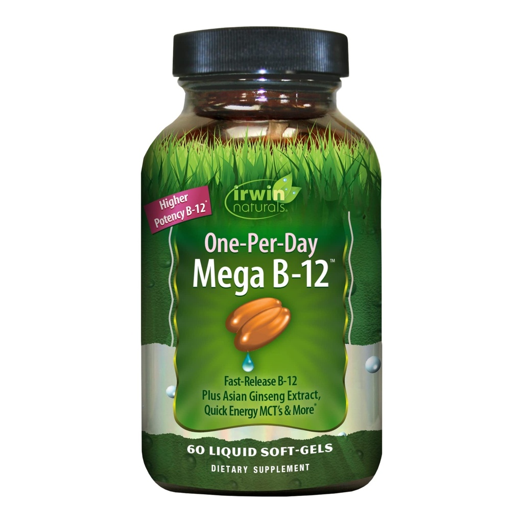 Irwin Naturals One-Per-Day Mega B-12 1,500mcg High Potency Methylcobalamin Vitamin - Snabb förbättrad absorption med MCT + Asian Ginseng - Natural Energy Boost - 60 Liquid Softgels