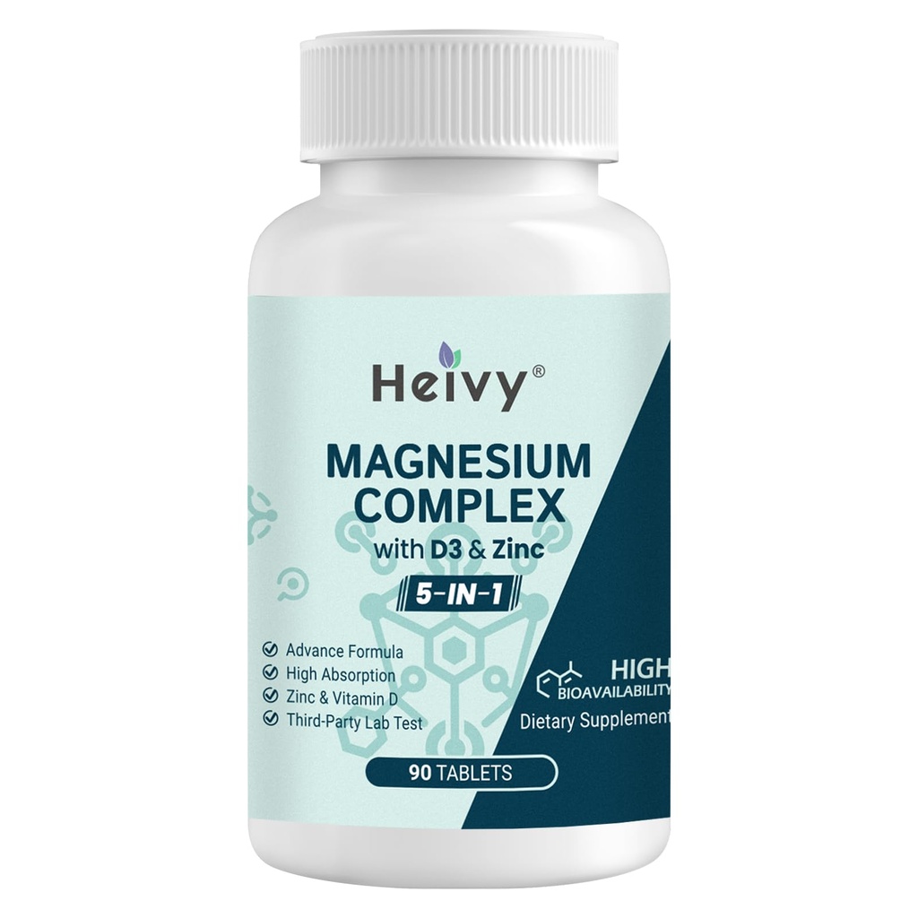 Heivy Magnesium Complex, Magnesium Glycinate, Citrate, Malate, Oxide, Gluconate med Zink och vitamin D3, Magnesium Supplement för Muscle, Nerve, Heart, Bone Support, Hög Absorption, 90 tabletter