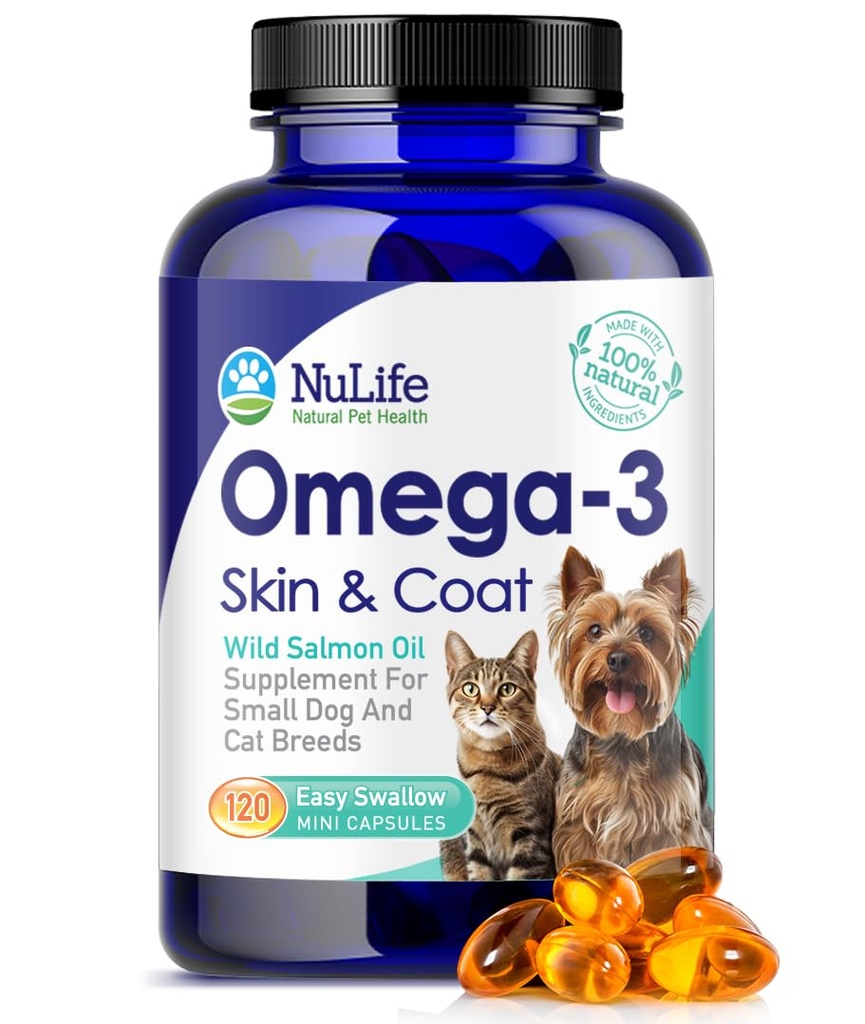 Omega 3 fiskolja för små hundar och katter - Pet Fish Oil Supplement med DHA & EPA Fatty Acids för hälsosam hud och rock - förbättrar Shedding & Relieves Dry, Itchy Skin - 500mg - 120 kapslar