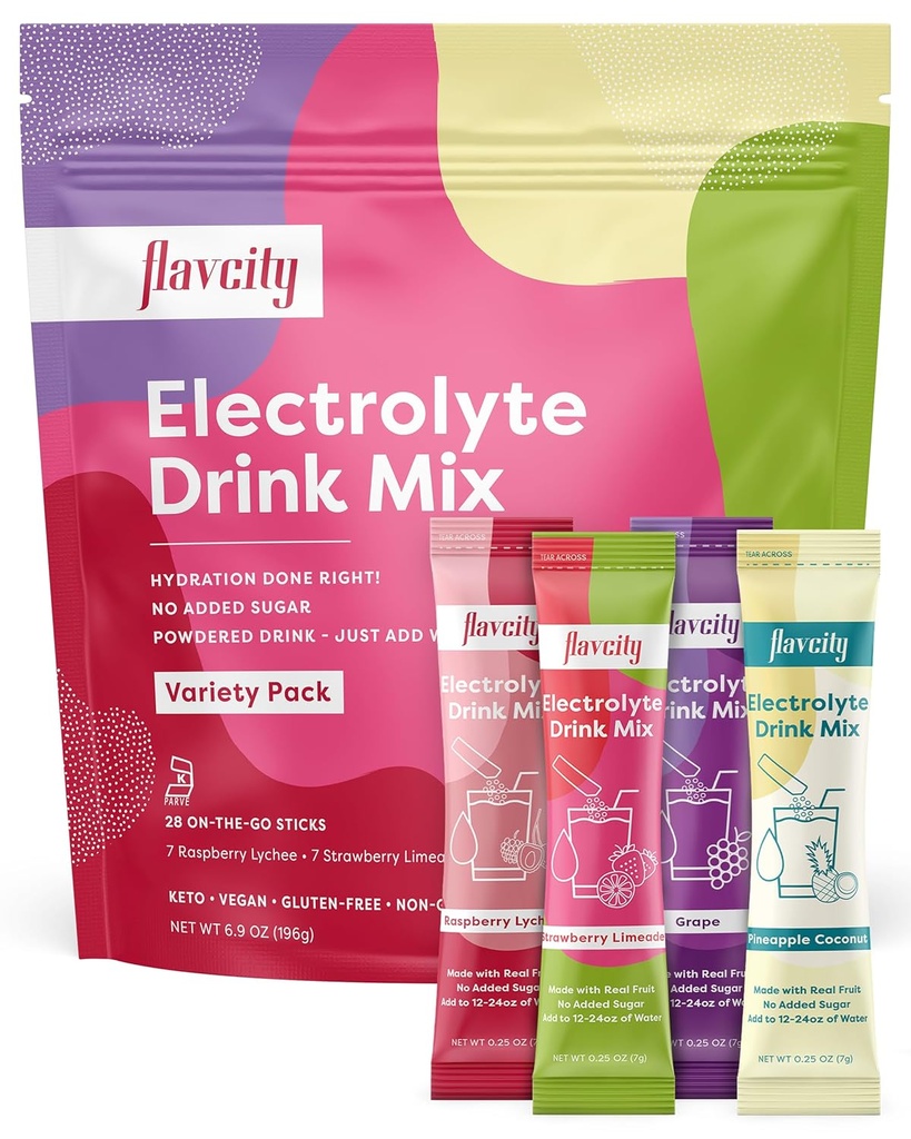 FlavCity Electrolytes Drink Mix, Variety Pack, 28 On-The-Go Stick Packs - Healthy Electrolytes Powder Packets Made with Real Fruit - Keto Powdered Drink med No Added Sugar, Gluten-Free