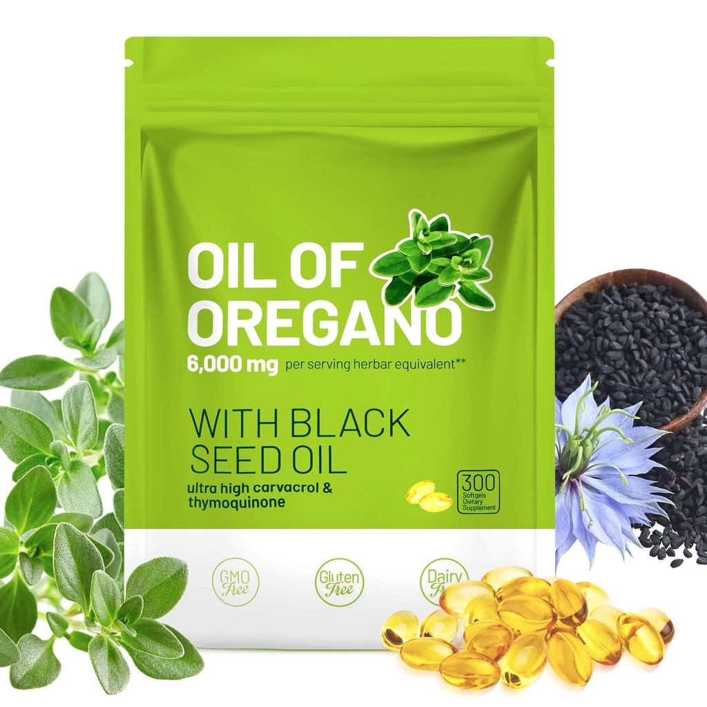 Oil of Oregano with Black Seed Oil 6000mg, 300 Softgels - 2-in-1 Immune Support Supplement - High Carvacrol & Thymoquinone, Digestive & Respiratory Health - Non-GMO, GMP Certified Facility