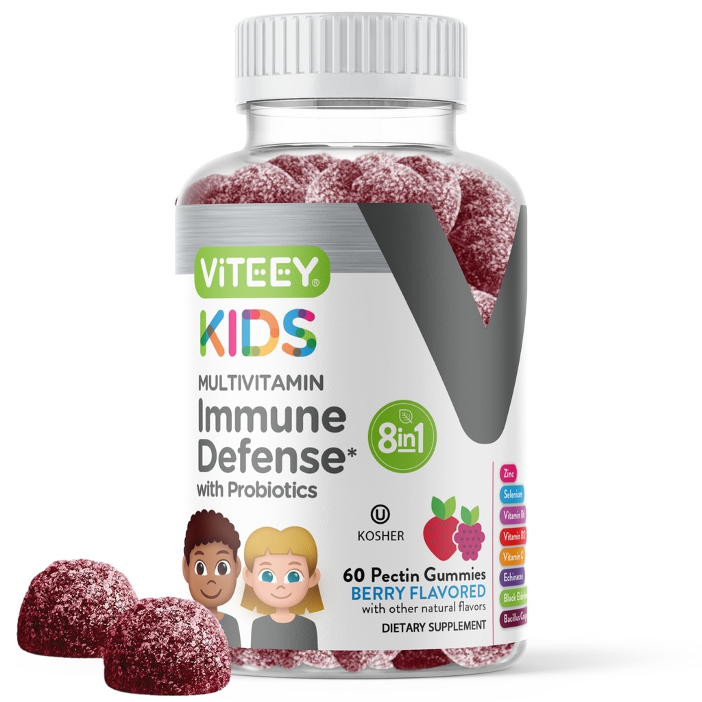 Viteey Kids Multivitamin Gummies med probiotika - 8-1 Kids Vitaminer för Immune Health Support med vitamin C, D3, B12, B6, Zink, Elderberry, Selen - Vegetarian - Chewable Tasty Berry smaksatt