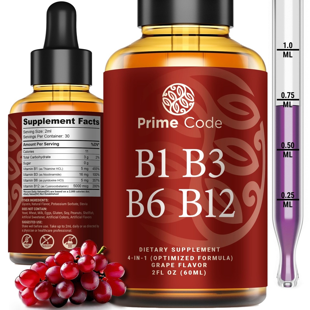 Prime Code Liquid Vitamin B1 Drops med vitamin B3 B6 & B12 | B Komplex Liquid Supplement | Thiamin Supplement för vuxna | Hög Absorption | Immun Support | Non-GMO | Gluten-Free