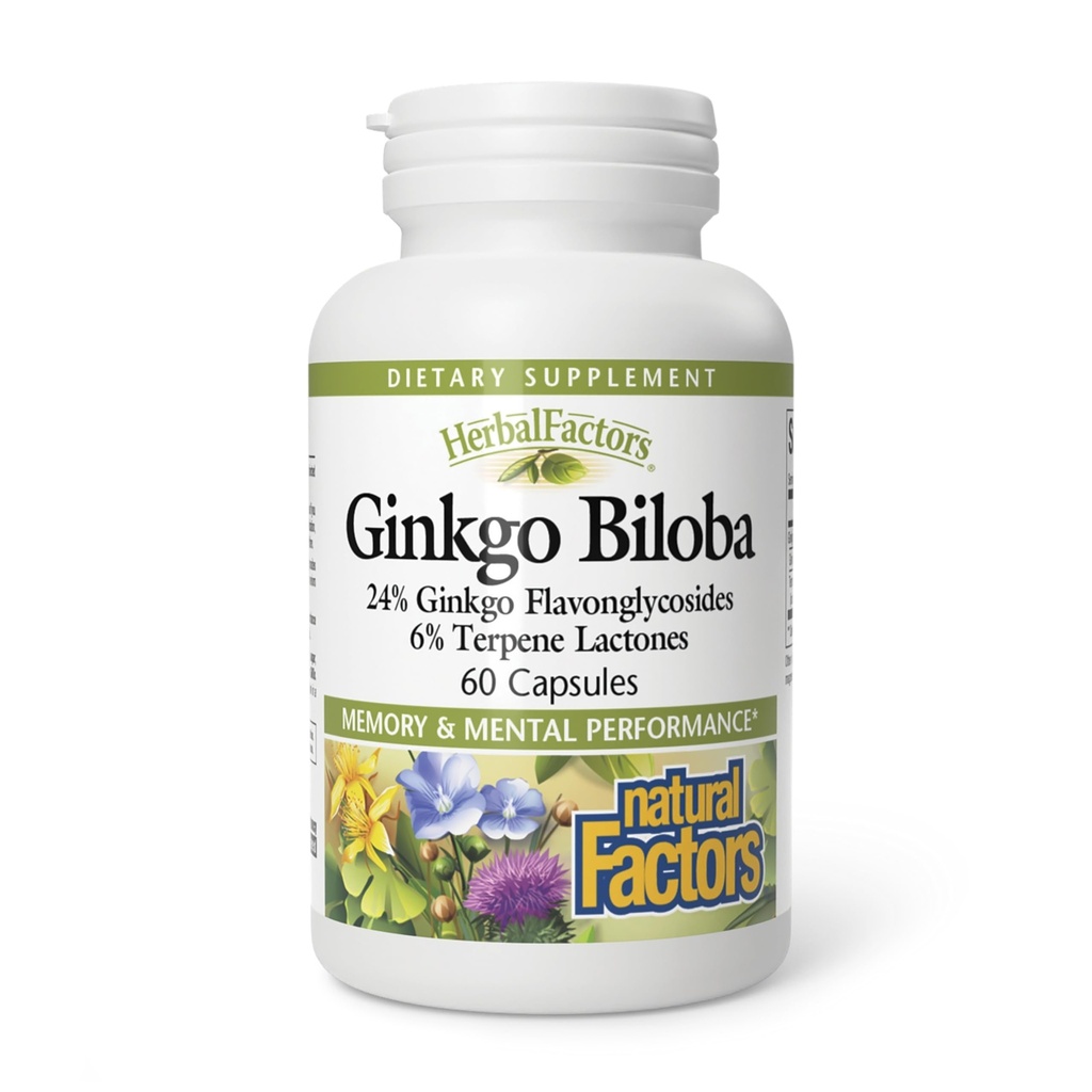 HerbalFactors av naturliga faktorer, Ginkgo Biloba, stöder minne, mental prestation och hälsosam hjärnfunktion, 60 kapslar (60 portioner)