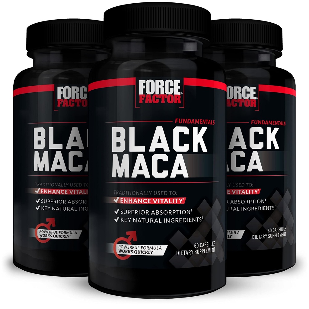 Force Factor Black Maca Root Supplement for Men, 1000mg Maca Negra Extract for Energy, Hormonal Balance & Vitality, Superior Absorption with BioPerine, 180 Capsules, 3-Pack