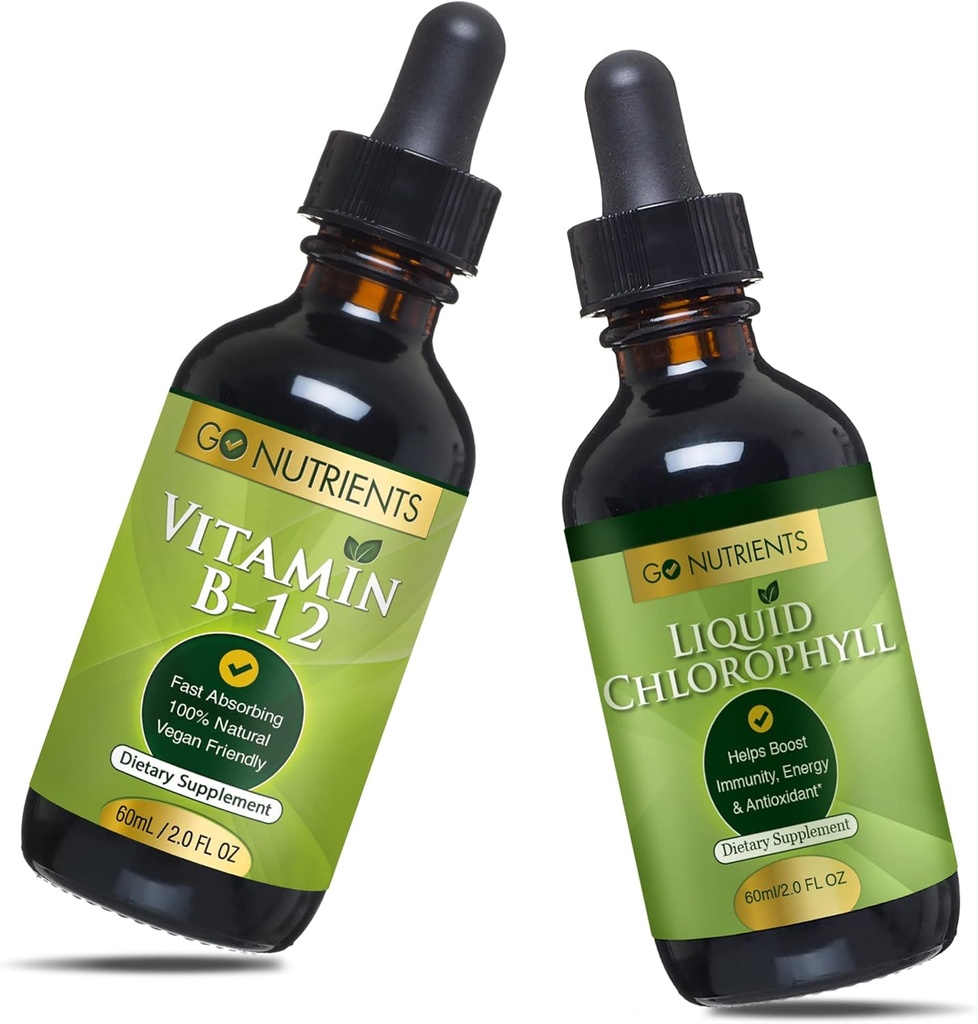 Go Nutrients Vitamin B12 2 oz & Liquid Chlorophyll 60 ml GMO Free, Vegan Friendly, Gluten Free, Soy Free, Liquid Chlorophyll Vegan Friendly B12 Sublingual Supplement med 3000 mcg Methylcobalamin