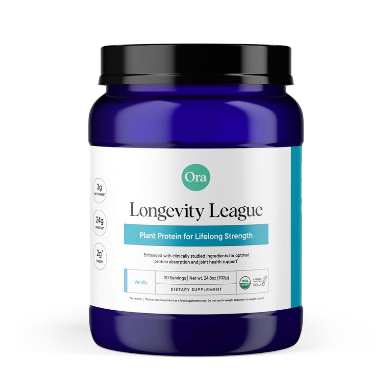 Ora Vegan Protein Powder for Lifelong Strength - 23g Per Serv - Plus Tart Cherry for Joint Health & ProHydrolase for Protein Absorption - Organic, Gluten-Free - Vanilla Flavor, 20 Servings