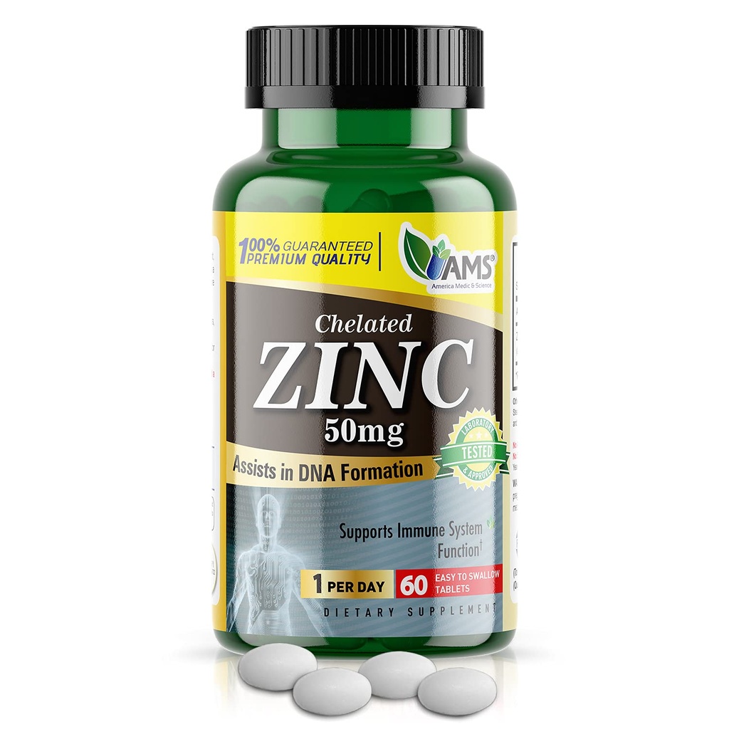 Amerika Medic & Science Chelated Zink 50 mg Kosttillskott (1 Pack med 60 tabletter) Immun Booster och kraftfulla antioxidantpiller för vuxna män och kvinnor | Mycket absorberbara mineraler, förbättrar humör och sömn