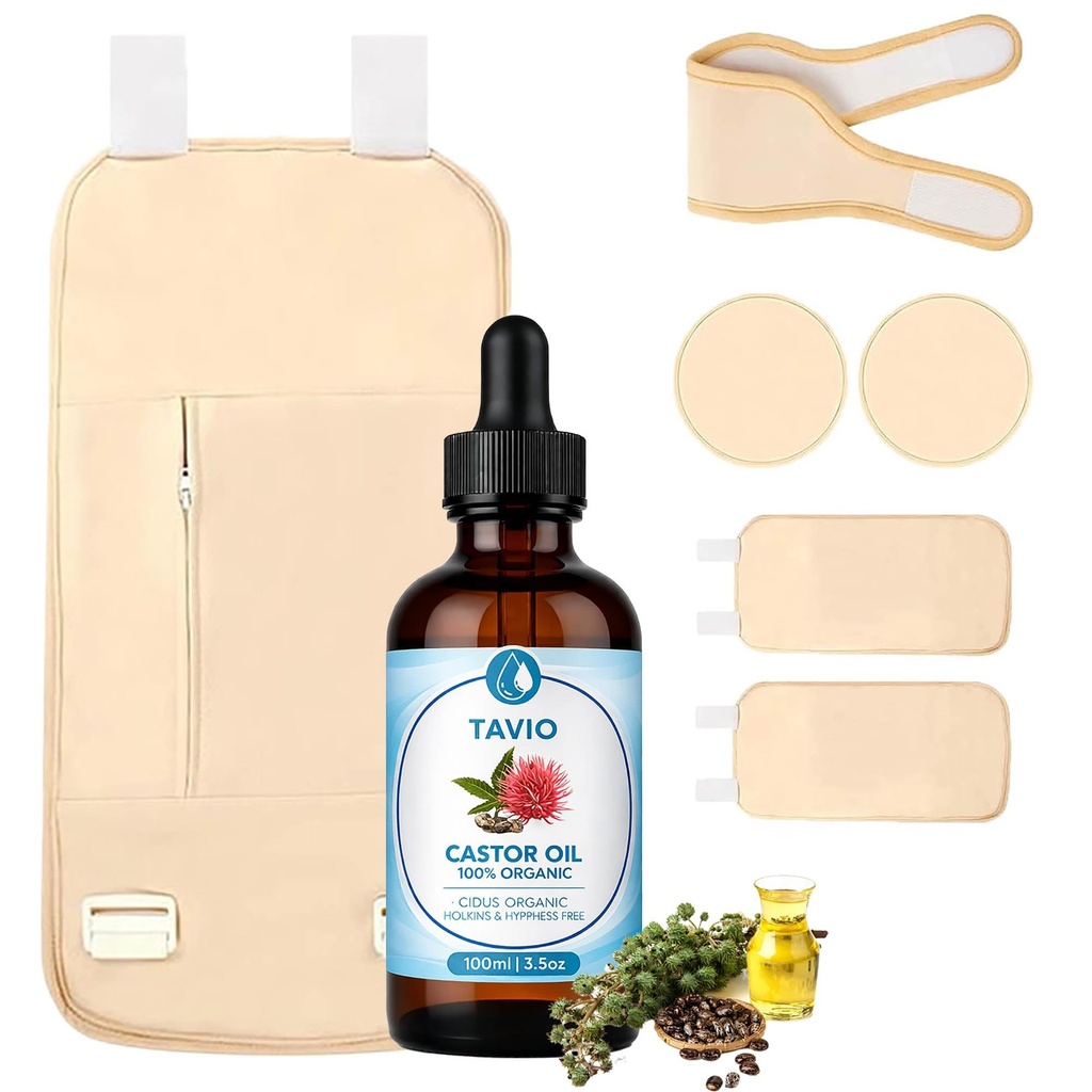 Tavio Castor Oil Pack Wrap Kit - Celara Reusable Organic Cotton Flannel Wrap for Body Comfort & Relaxation, Adjustable Wellness Pack for Stomach, Neck, Knee & Back, Hot or Cold Compress Compatible (6)