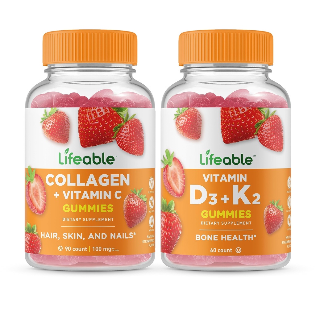 Livlig Collagen & Vitamin C + Vitamin D3 + Vitamin K2, Gummies Bundle - Stor smak, Vitamin Supplement, Gluten Free, GMO Free, Chewable Gummy
