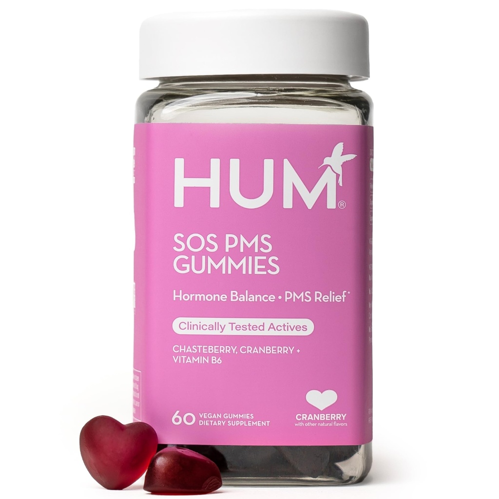 HUM Nutrition SOS PMS Gummies, PMS Support Supplement for Women, Support Cycle Symptoms, Bloating, Hormonal Balance, Inkluderar vitamin B6, Cranberry & Chasteberry Vitex, Gluten Free, 60 Vegan Gummies