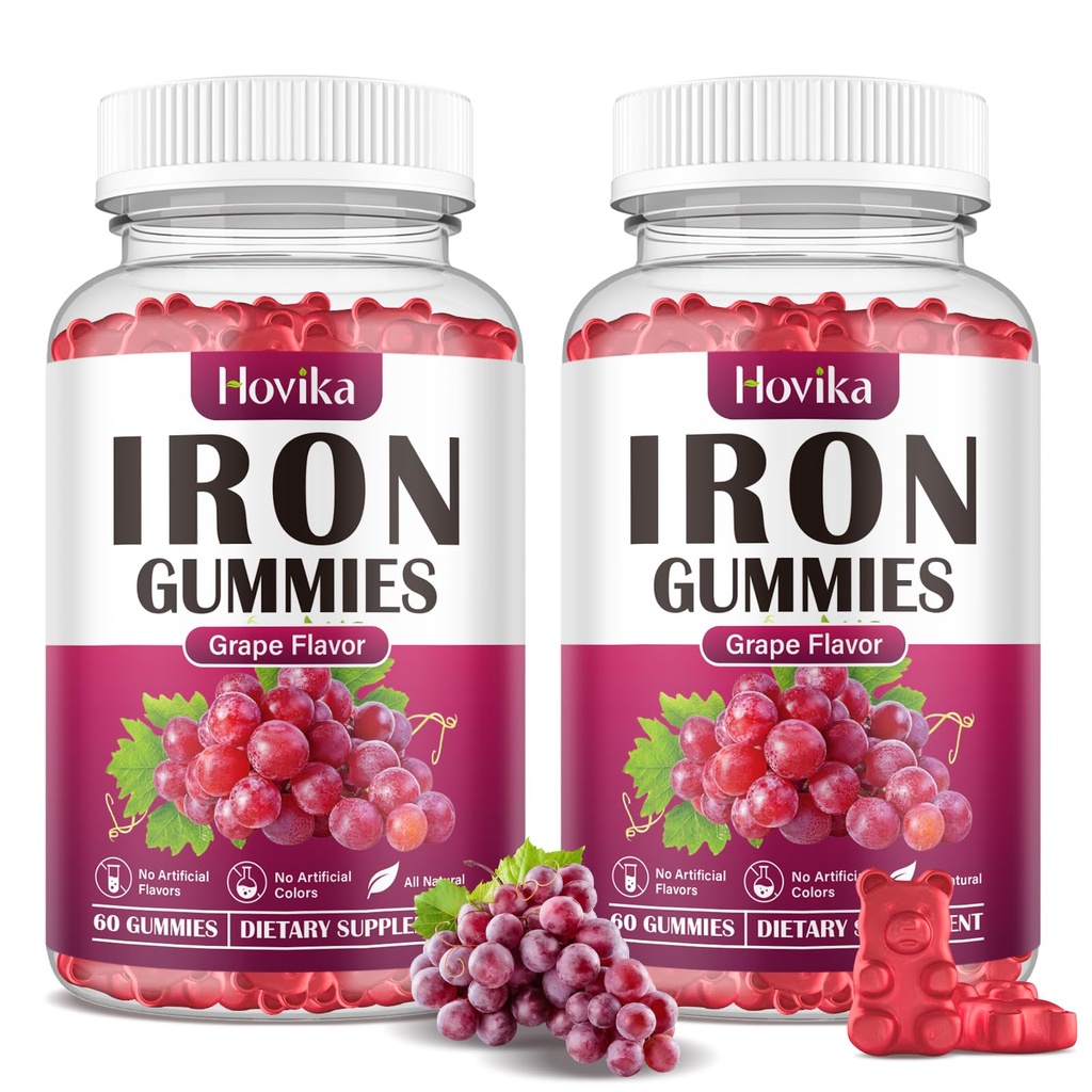 (2 Pack) Järn Gummies Supplement för kvinnor och män, Järntillskott för Anemi med vitamin C, B12, Folate-Blood Builder & Energy Support för järnbrist - Grape smak, Vegan, 120 Gummies