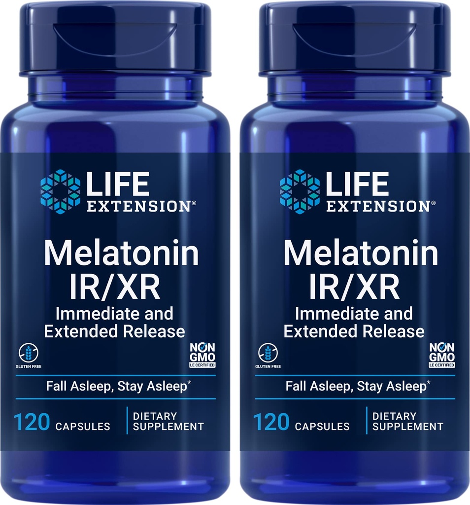 Life Extension Melatonin IR / XR, 120 kapslar (Pack of 2) - Omedelbar och utökad frisättning för 7 timmars support - natttidstillägg - Stanna sov hela natten lång - Icke-GMO, Gluten-Free