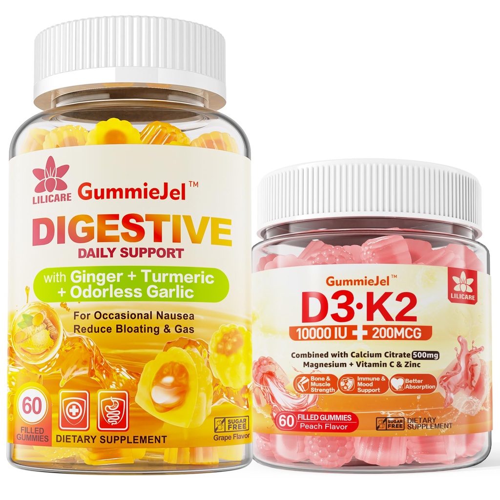 Vitamin D3 K2 Fylld Gummies 5000IU / 10 000 IE med 500mg Calcium, Magnesium Citrate, Vitamin C & Ginger Chews Supplement Gummies för Nausea, Stomach Relief
