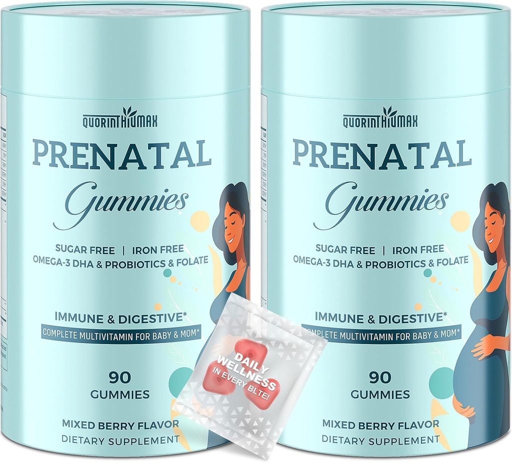 Prenatal Gummies Sugar Free 180 greve - Organics Prenatal Vitamins för kvinnor med folat, DHA & Probiotika - Järnfri prenatal vitamin Gummies för immun & Digestive - 2 flaskor