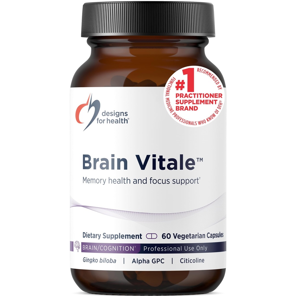 Designs for Health Brain Vitale - Stöder fokus, minne och stress med Nootropic Blend of Choline, Citicoline, Phosphatidylserine, Ginkgo Biloba och Alpha GPC - Gluten Free, Vegan (60 kapslar)