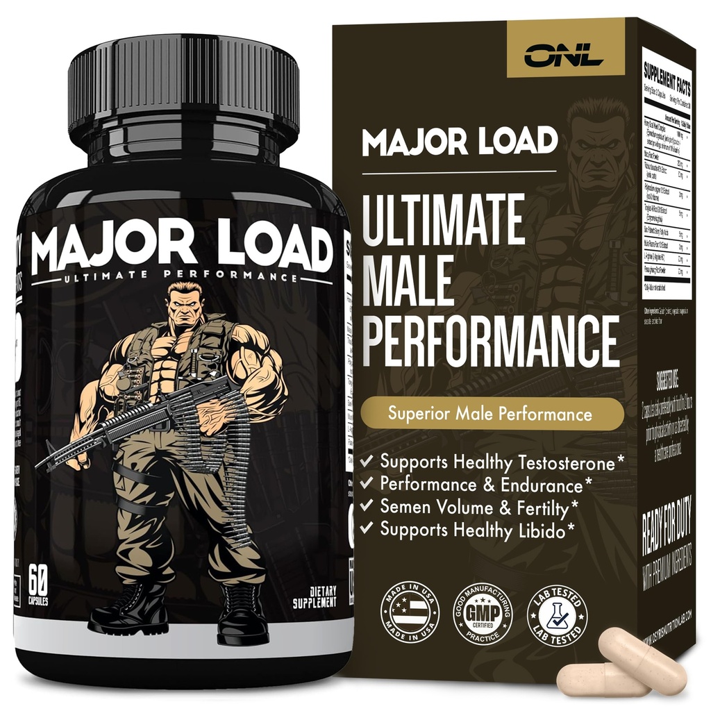 Major Load Testosteron Booster för män - Testosteron Supplement med Horny Goat Weed, Maca Root, & Tribulus Terrestris - Tongkat Ali Mäns energi, Stamina & Styrka - Test Booster 60 kapslar