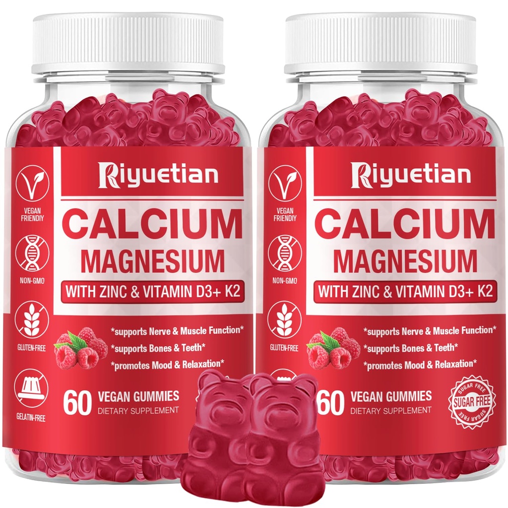 Calcium Gummies + Magnesium & Zink med vitamin D3 & K2, High Absorption Calcium Supplement för ben, tänder och immunsupport, icke GMO, Vegan, 120 greve