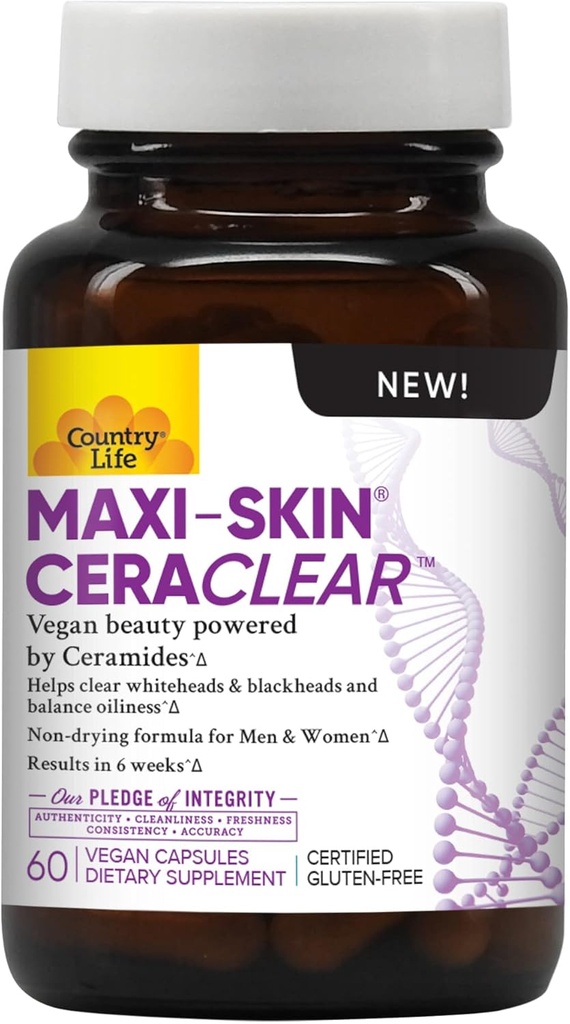Country Life Maxi-Skin CeraClear, 60 Vegan Capsules - Kliniskt Studerade Konjac Root Ceramides för att stödja Clear, Hydrated Skin & Improve Hyperpigmentation - Gluten Free, Vegan, Kosher