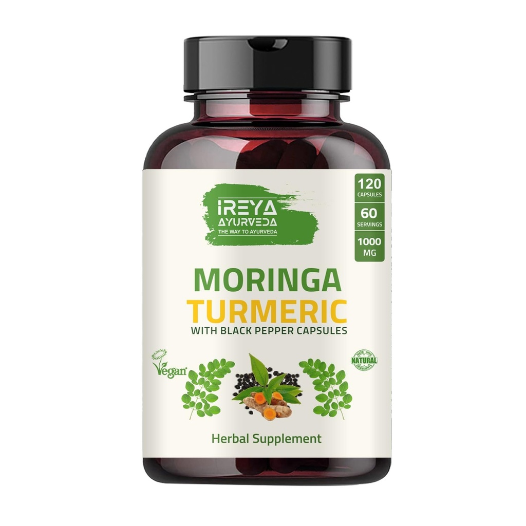 Organic Moringa Oleifera Powder & Turmeric Root Powder med Blackpepper 120 kapslar | Made with Organic Moringa, Turmeric and Black Pepper | Vegan, Gluten-Free and Non-GMO.
