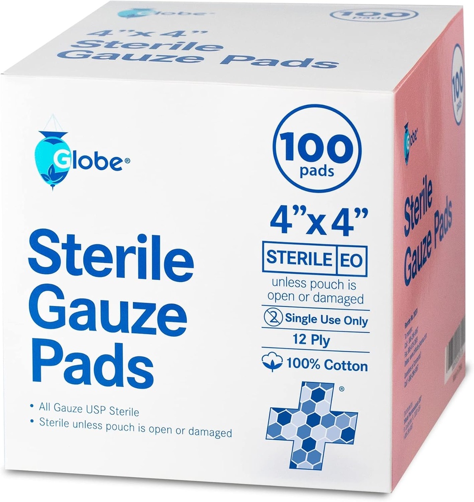 Globe 4' x 4 "Advanced Sterile Gauze Pads for Wound Dressing | 100-Pack, individuellt packad | 12-Ply Cotton & Highly Absorbent | Avancerad Gauze Svamp-Pads för Wound Care & Home First Aid Kits (4 x 4)