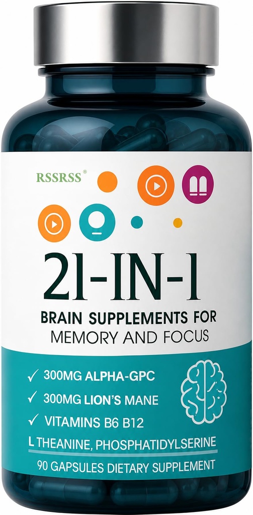 Brain Supplements for Memory and Focus, 21-in-1 Advanced Cognitive Formula | Natural Herbal Formula, Clarity & Cognitive Improvement for Men & Women | 90 Capsules