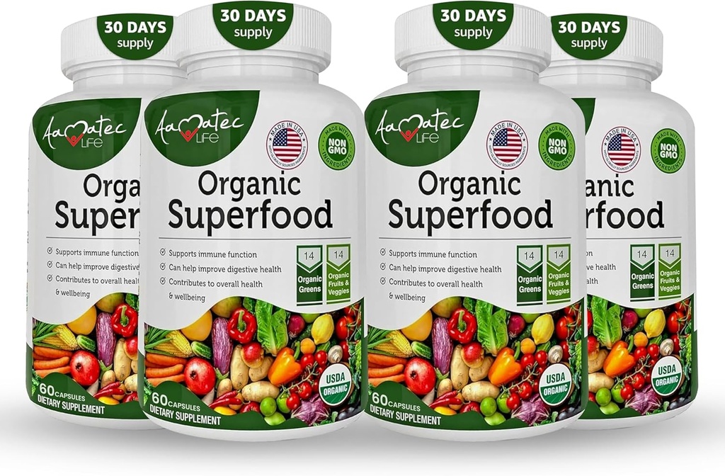Organiska Superfood gröna frukter och grönsaker komplex - Bästa kosttillskott med 14 gröna och 14 frukter & grönsaker med Alfalfa & Antioxidant organiska ingredienser icke-GMO 240 kapslar