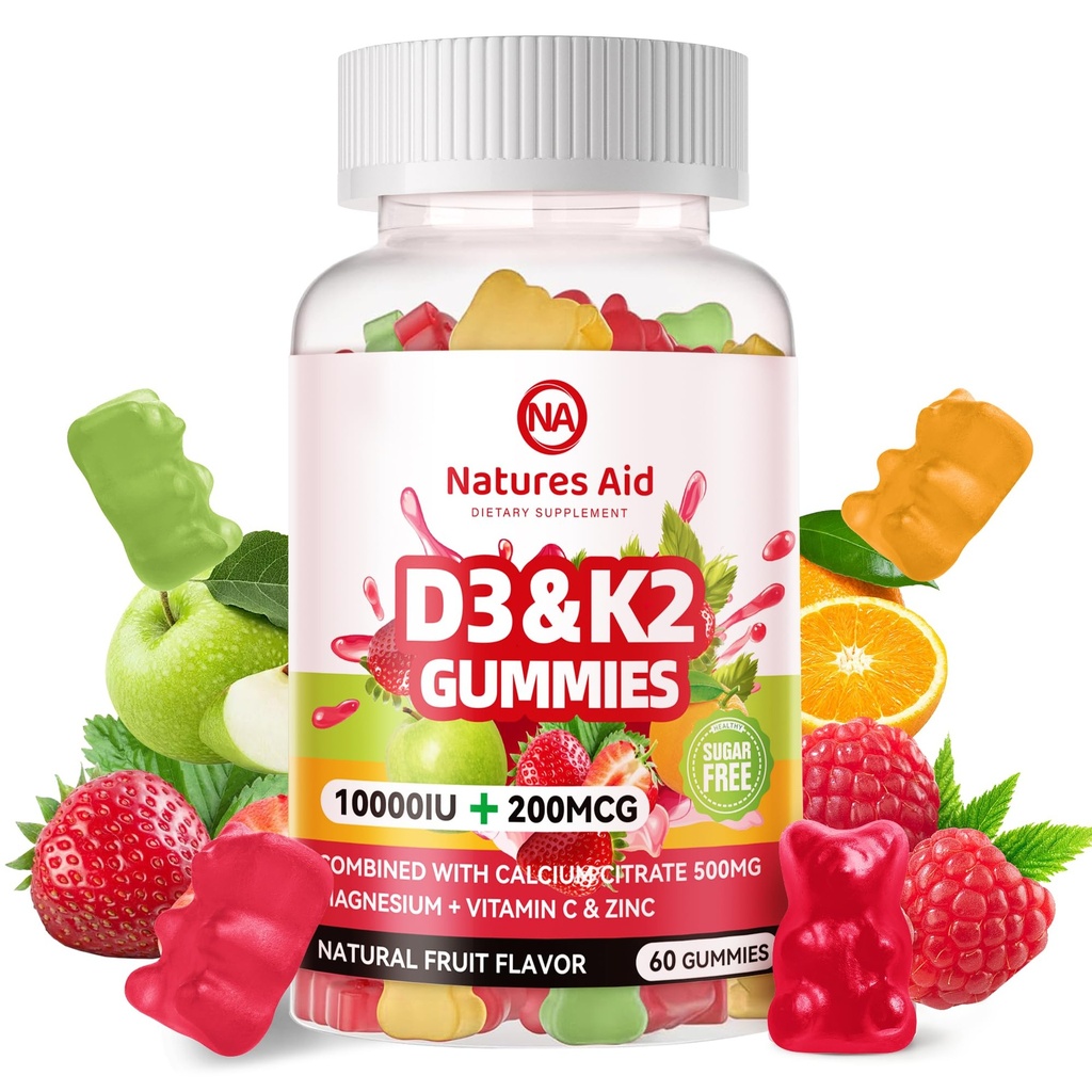 Natures Aid Sugar-Free Vitamin D3 K2 Gummies med Calcium + K2 (MK-7), Magnesium Citrate, Vitamin C, Extra Styrka - Ultimate Absorption för benmuskel tänder immun, Vegan - 60 Gummies
