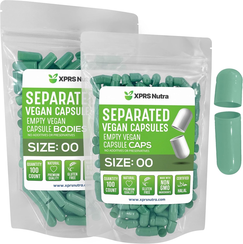XPRS Nutra Vegan Storlek 00 Separerade kapslar - 100 greve Premium Empty Capsules Separerade i väskor - 00 Pills Empty för DIY Supplement Filling (Sage Green)