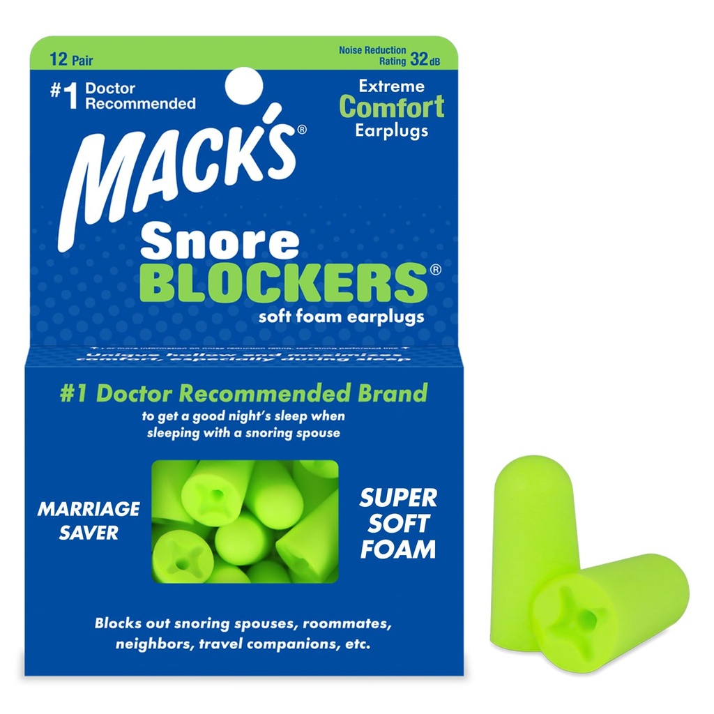 Mack’s Snore Blockers Soft Foam Earplugs, 12 Pair – 32 dB High NRR, 37 dB SNR – Comfortable Ear Plugs for Sleeping, Snoring, Loud Noise and Travel