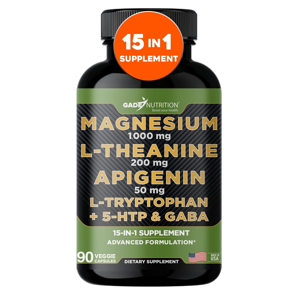 Gade Nutrition Magnesium Glycinate & Magneisum Supplements med Apigenin, L Theanine 200 mg, 5 HTP, GABA Calm Brain Booster Supplement Sleep Aid Ashwagandha L Tryptophan Chamomile