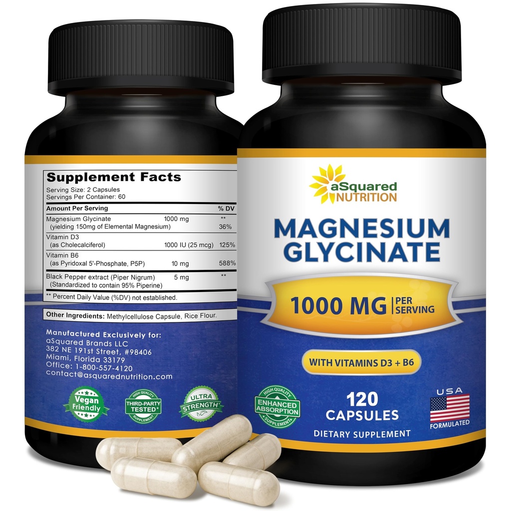 Magnesium Glycinate 1000mg with D3 & B6 - Mag Complex - 500mg per Capsule