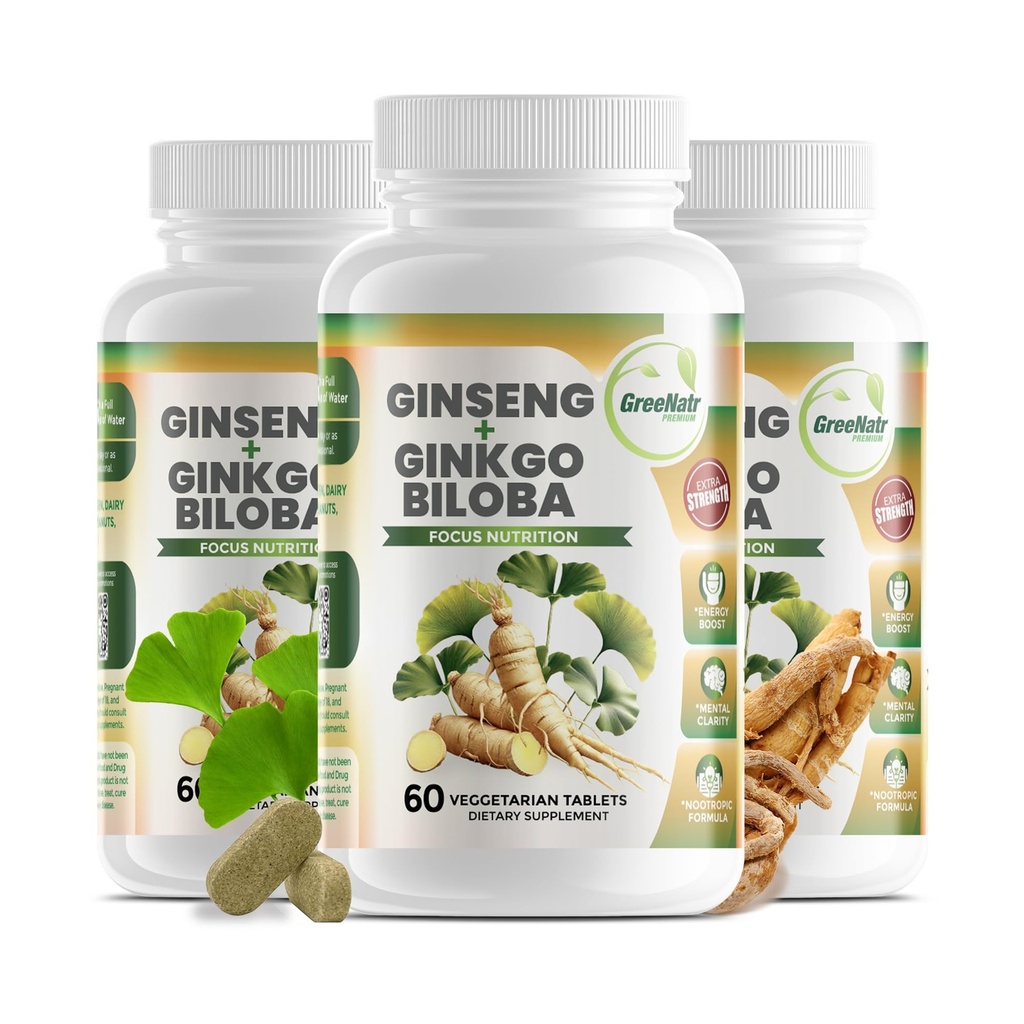 GreeNatr Ginko Biloba & Panax Ginseng Supplement - Red Ginseng Brain Supplement för minne och fokus - Ginkgo Biloba Supplements for Good Vision, Immune System and Improved Blood Flow - 3 Bottles