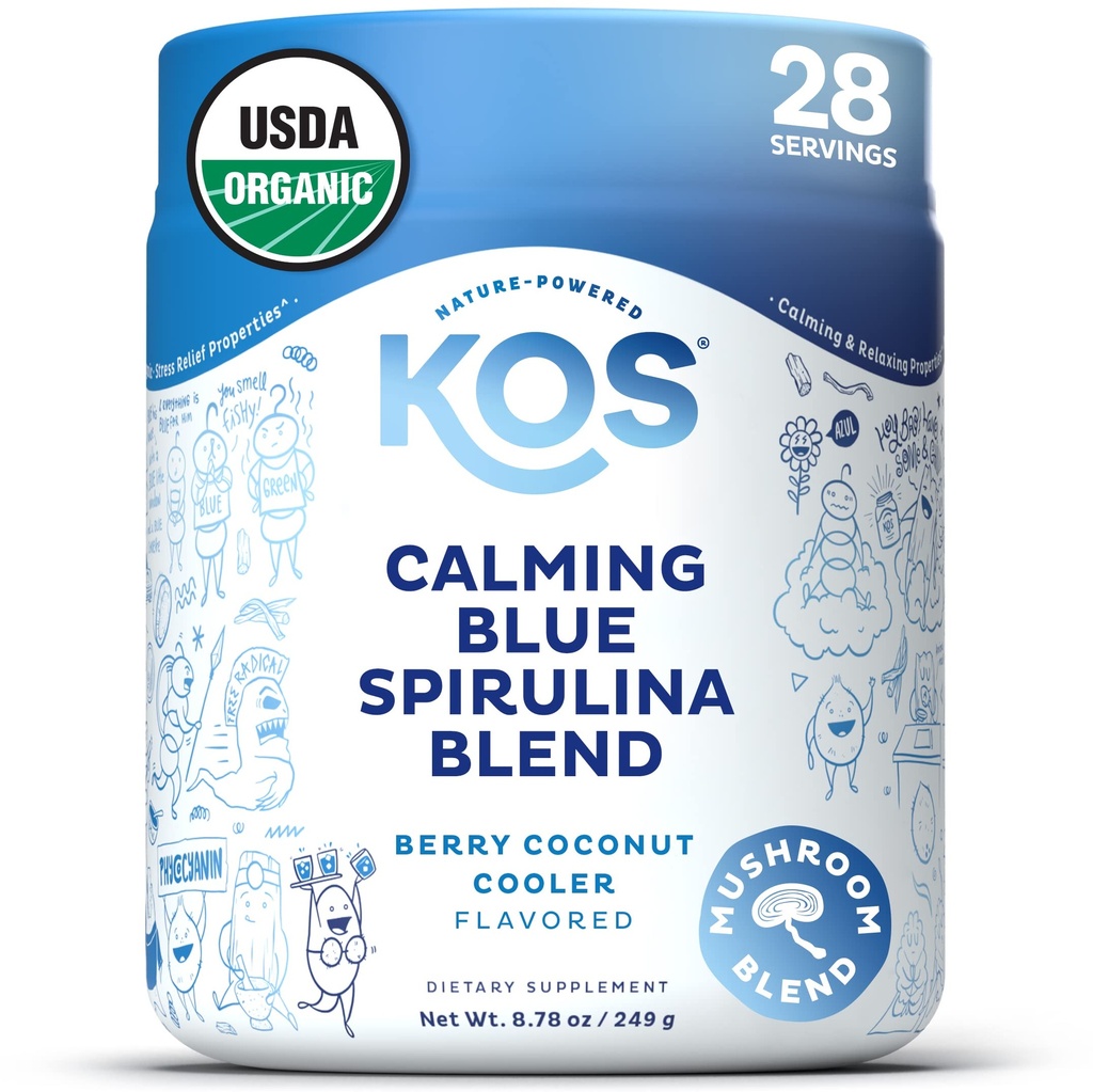 KOS Calming Blue Spirulina Blend- USDA Certified Organic - Alger Superfood Powder med Ashwagandha Root, Lemon Balm, Reishi Mushroom, B-vitaminer - Berry Coconut Cooler Flavor, 28 portioner