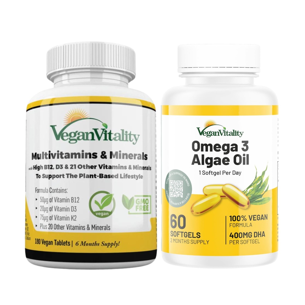 Vegan Vitality Immunity Booster Bundle 6 månader - Vegan Multivitaminer och Vegan Omega 3 Algerolja. Hög styrka Plant Baserad Formel för immunitet, Energi Övergripande hälsa för veganer och vegetarianer