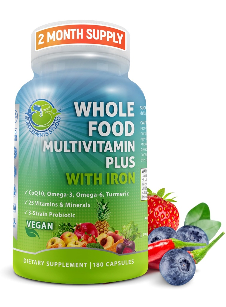 Vegan Whole Food Daily Multivitamin med järn, metylerad multivitamin för kvinnor och män, gjord med frukt och grönsaker, B-Complex, probiotika, enzymer, CoQ10, Omegas, gurkmeja, icke-GMO, 180 greve