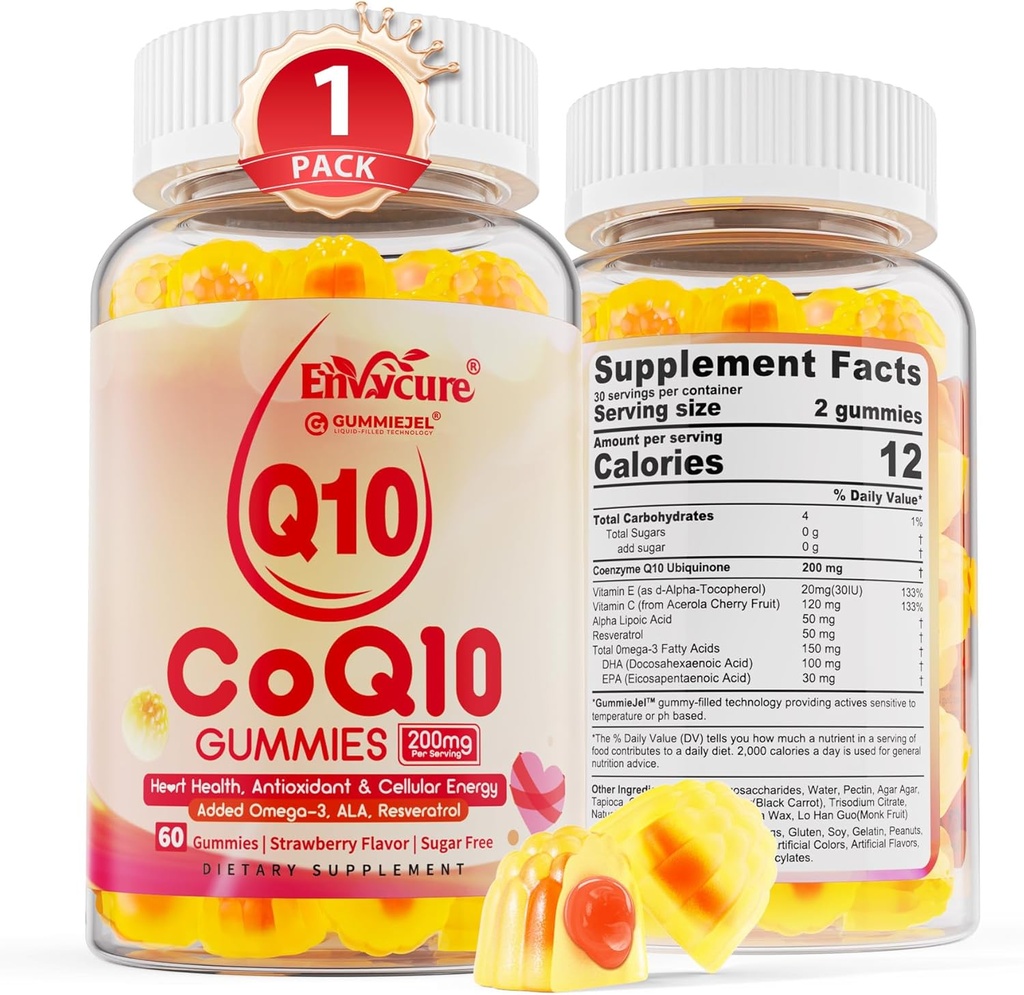 Sugar Free CoQ10 200mg Fylld Gummies, 5X Better Absorption CoQ10 w/Resveratrol, Alpha Lipoic Acid, Omega-3, Vitamin E, C, Coenzyme Q10 för cellulär energi, hjärta, hjärna och antioxidant (1Pack)