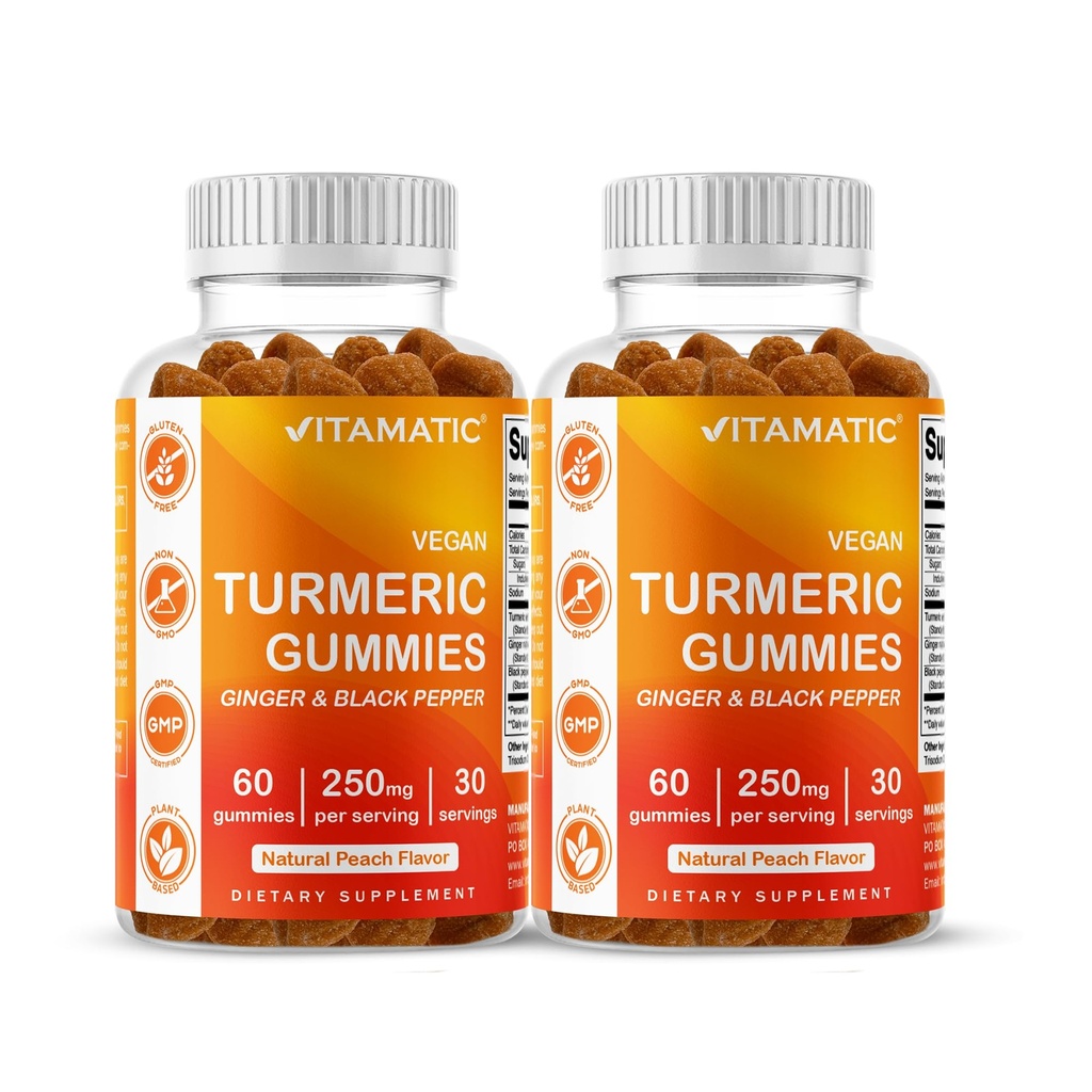 Vitamatic Turmeric Gummy med Ginger & Black Pepper Extract - 60 Vegan Gummies Varje | 2 Pack (120 Gummies) 95% Curcuminoids - Kraftfull Antioxidant & Inflammatorisk Support