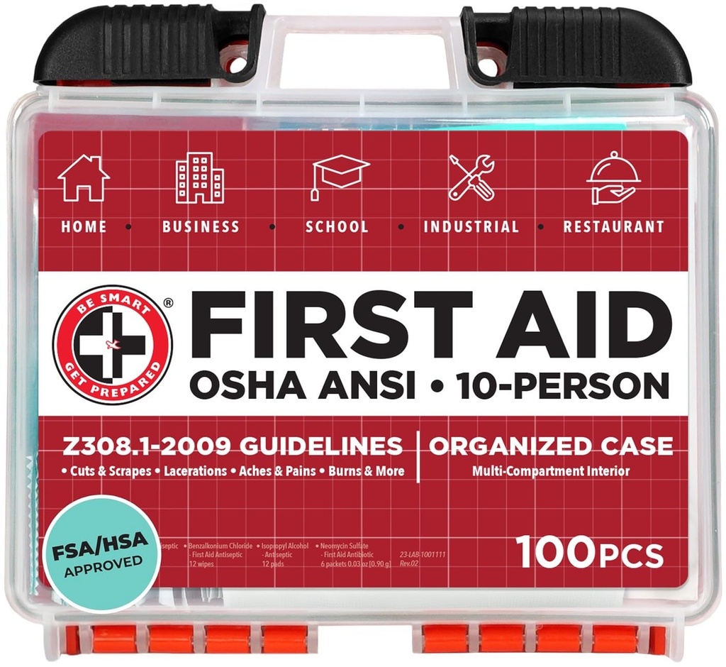 Be Smart Get Prepared OSHA/ANSI First Aid Kit - 10 Person, 100 Pieces - Designed for Home, Business, School, Industrial, and Restaurants - Compact & Portable