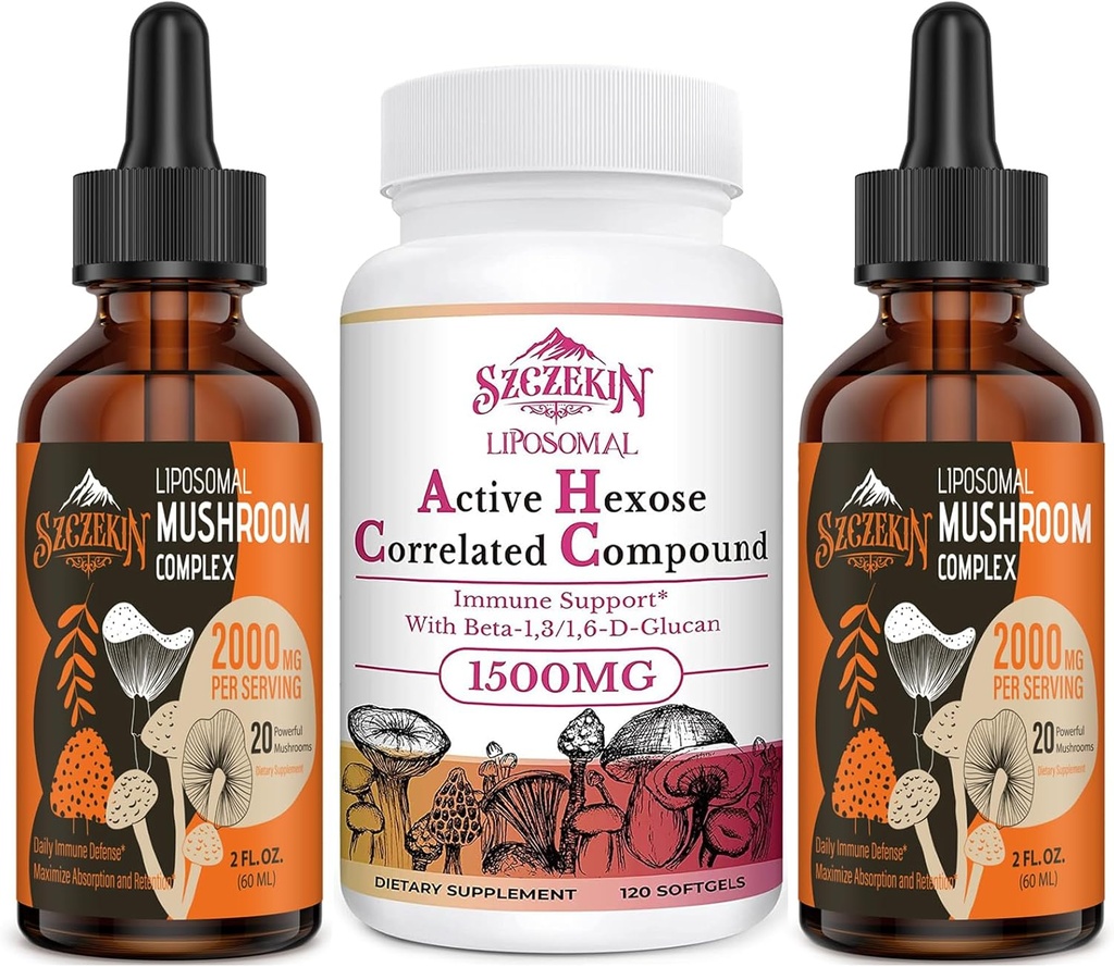 1500 MG Liposomal Active Hexose Correlaterade Supplement 120 SoftGels Bundle med 2000 MG Liposomal Mushroom Complex Drops 60 portioner