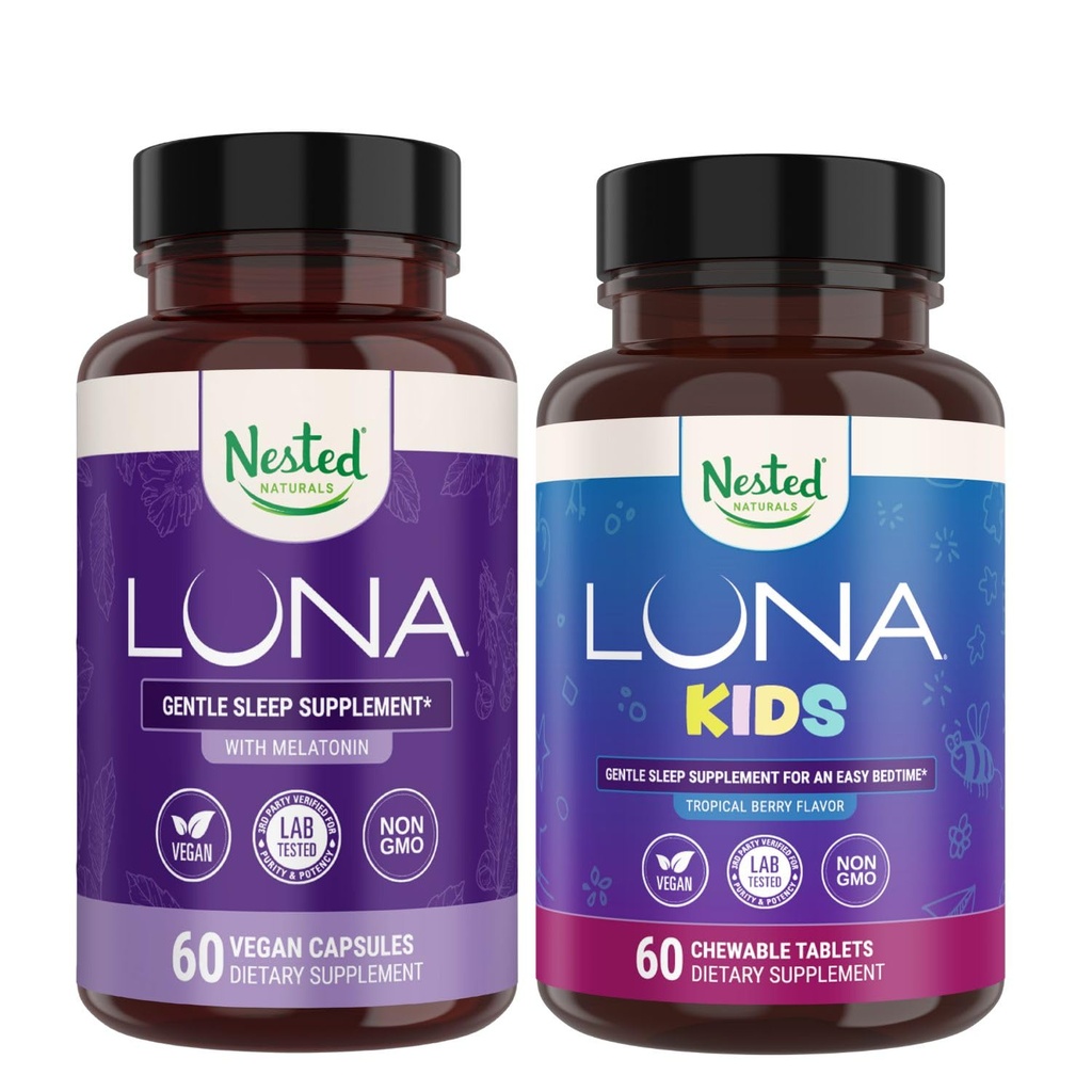 Nested Naturals Sleep Aid Bundle | Luna Adult & Luna Kids Sleep Aid med naturliga ingredienser (Melatonin, Chamomile, Valerian) för djup sömn och avkoppling (120 greve)