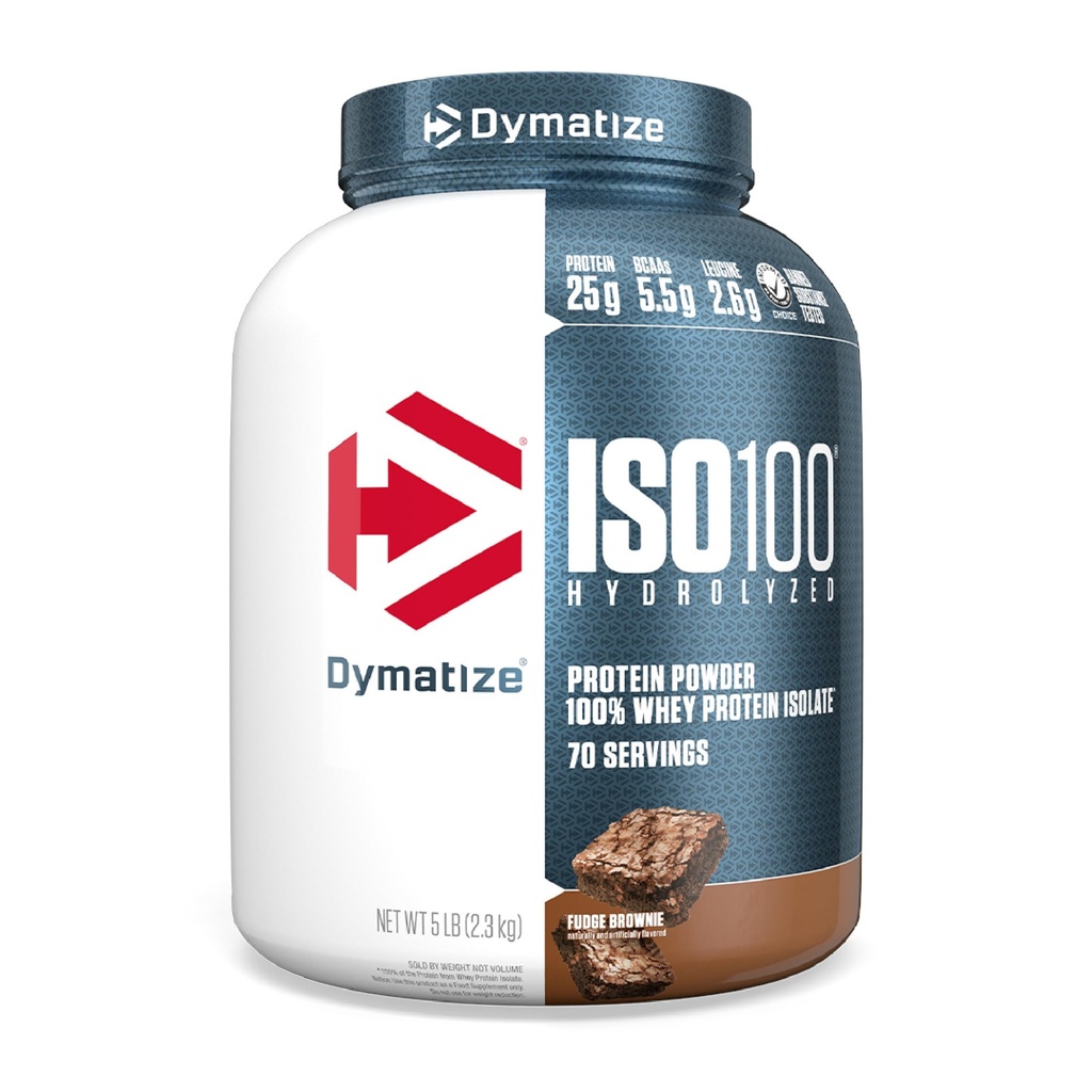 Dymatize ISO100 Whey Protein Powder Isolate, Fudge Brownie, 25g Protein, 5 pund, 5,5 g BCAA, mindre än 120 Cal., Gluten Free, 1g Fat, 1g Sugar, 2g Carb (70 portioner)