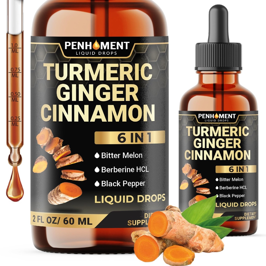 6in1 flytande gurkmeja Curcumin med Ginger, Berberine Extract, Ceylon Cinnamon, Bitter Melon, Black Pepper - Drops Extract - 2FL oz - 60 portioner