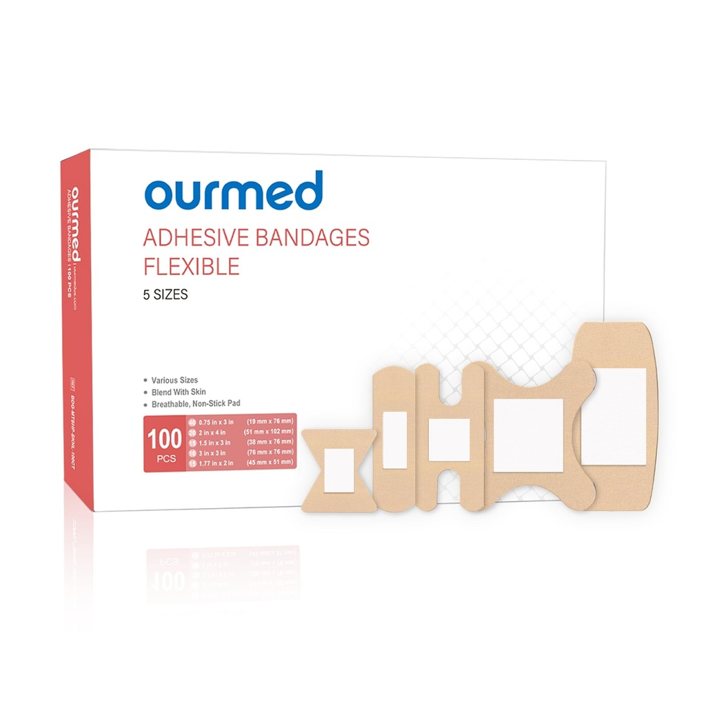 Ourmed Flexible Assorted Bandages Variety Pack 100 Pieces, Fingertip Bandages for First Aid, Slight Cuts, Scrapes, Abrasion & Wounds Care,Strong Hold for 24 Hours, Non-Latex