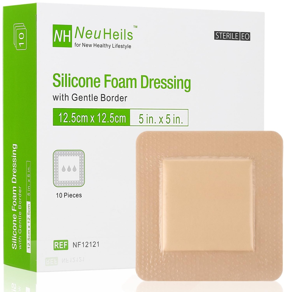 NeuHeils Silicone Foam Dressing with Border 5''x5'', 10 Pack for Bed Sores | High Absorbency, Painless Removal, Waterproof, Cushioned for Pressure Ulcers, Bed Sores, Leg Ulcers, Surgical Wounds